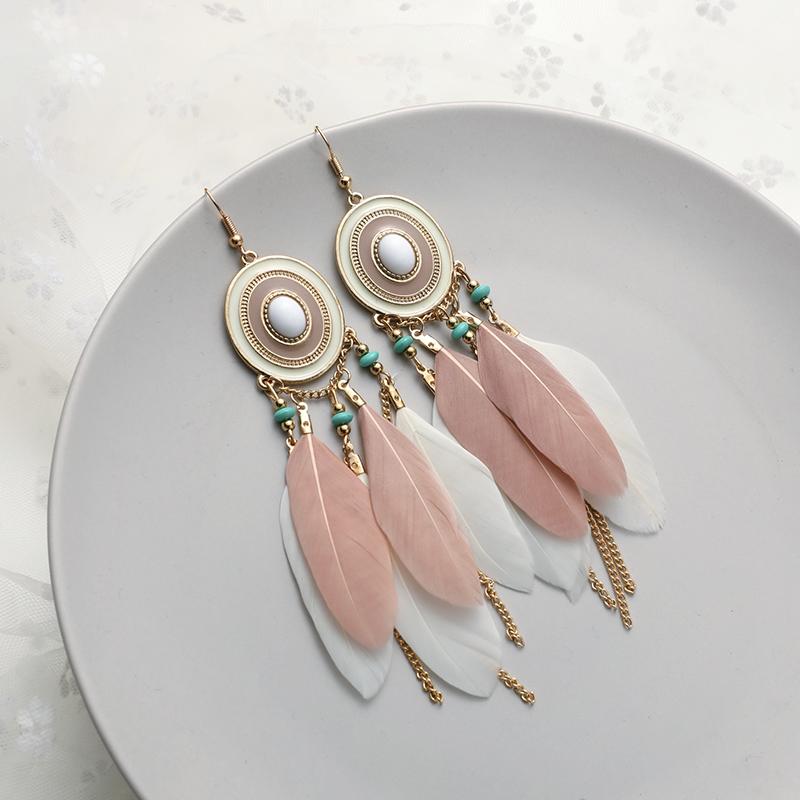 Bohemian Tassel Chain Feather Earrings for Women Unique Long Oval Drop Glaze Handmade Dangle Earring Pendiente Mujer Accessories