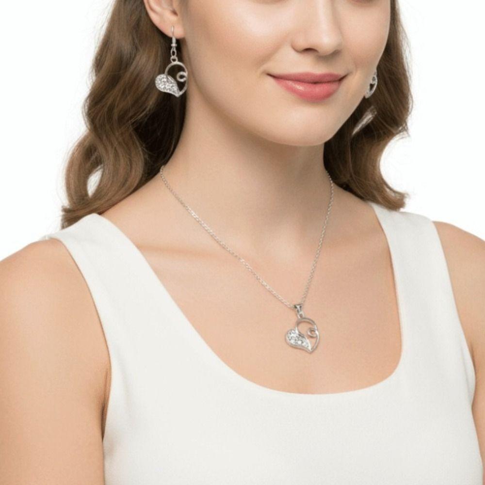 Gold Color Love Charm Earrings Exquisite Silver Color Double Heart Necklace 3Pcs Set Light Luxury Bridal Accessory Set