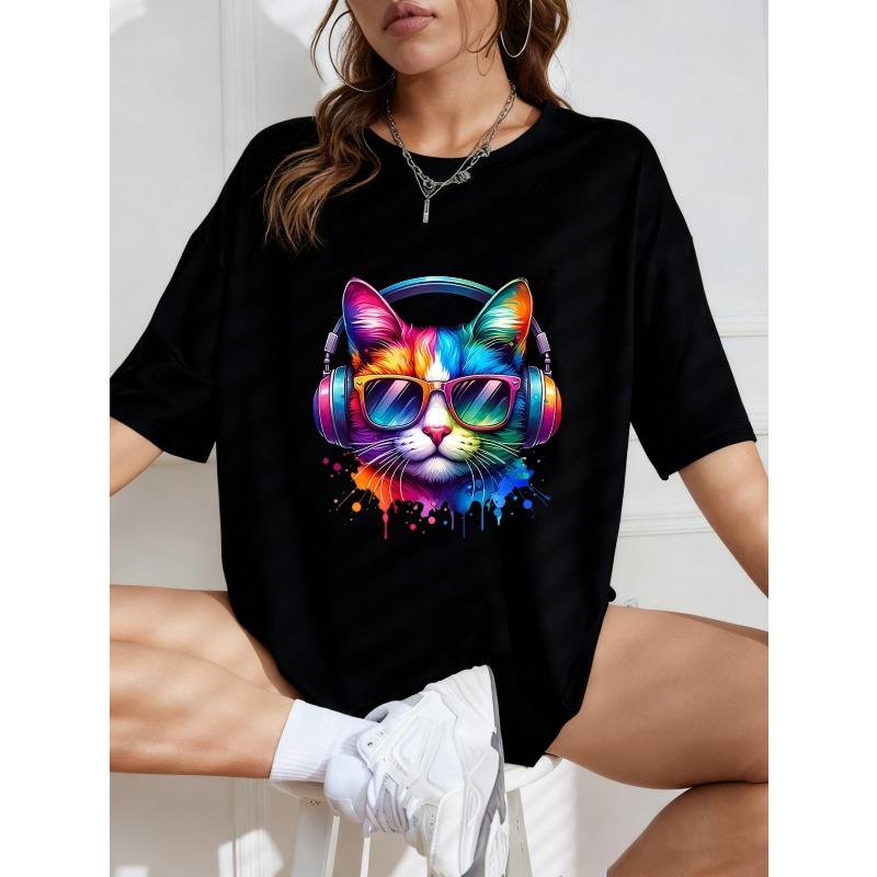 White Oversized T Shirt With Colorful Cat Wearing Headphones And Sunglasses Print For Casual Wear