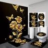 1/4pcs Romantic Golden Rose Butterfly Bath Set Luxury Waterproof Shower Curtain with Anti Slip Absorbent Carpet and Toilet Lid Pad Exquisite Gift