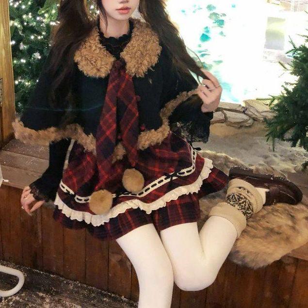 New Year College Style Plaid Dress with Shawl Cape - Women's Waist-Cinched Slim Fit Two-Piece Look