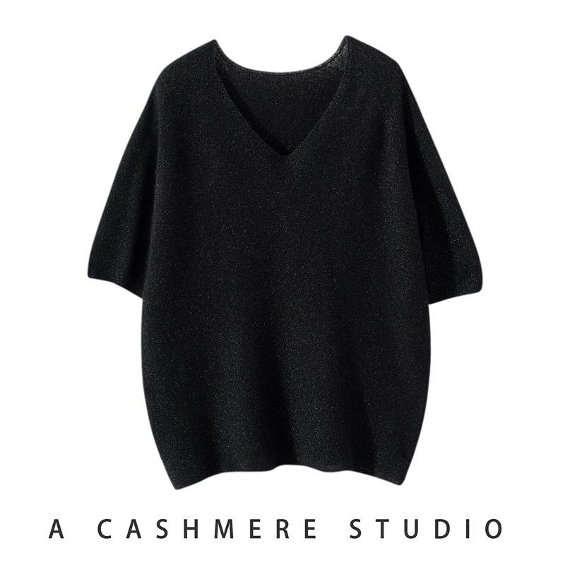 25 Early Autumn Women's V-neck Short Sleeve 100% Pure Cashmere Sweater with Gold Thread Dots - Chic and Versatile