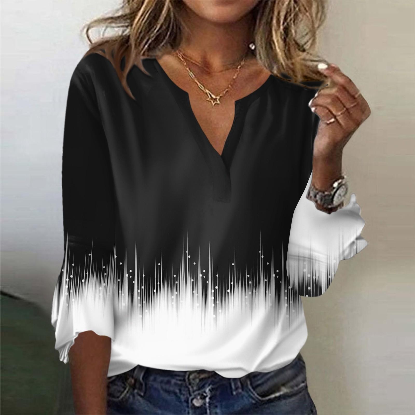 

Женский топ, свободные повседневные блузки с v-образным вырезом и принтом, футболка с рукавом 3/4 и колокольчиком L чёрный