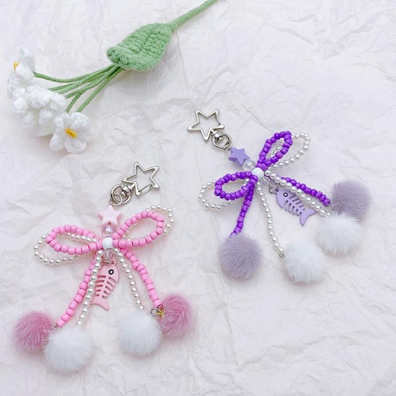 Bowknot Plush Ball Hanging Pendant Portable Y2K Hanging Lanyard Sweet Cool Phone Strap Bag Decoration for Girls Women