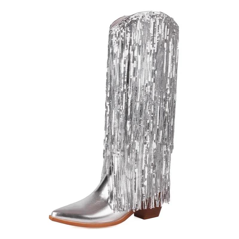 Glitter Gold Knee High Boots Women Block Heels Metallic Blue Rosy Bling Fringe Party Show Lady Western Cowgirl Sequin Long Boots