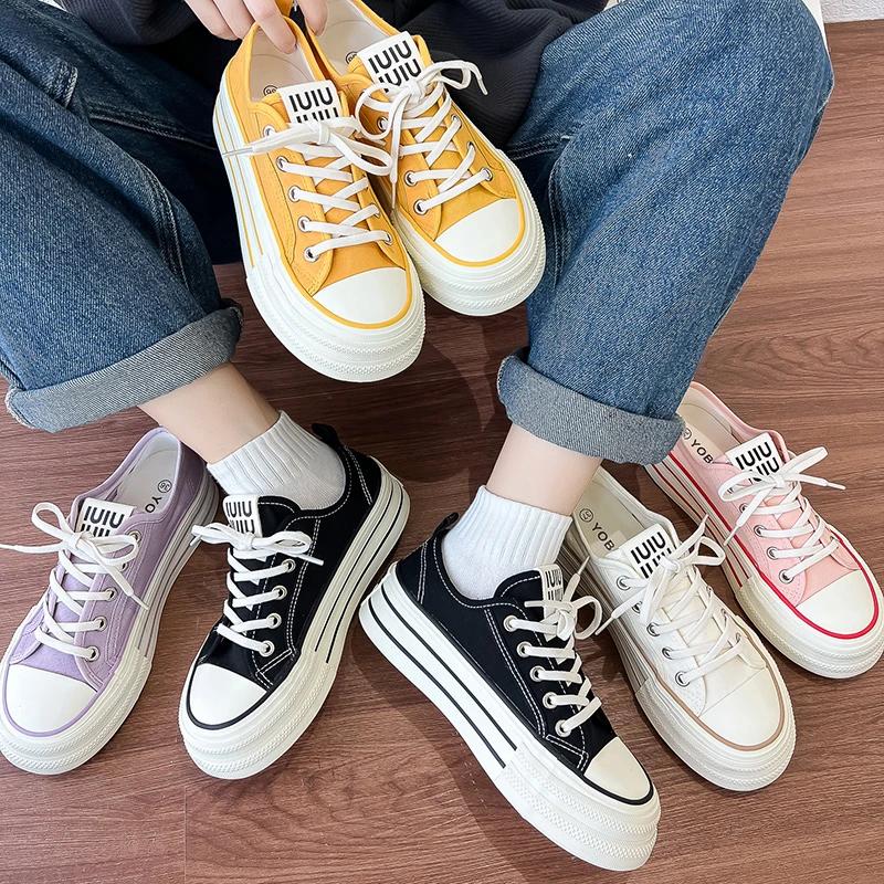 Fashion Women's Canvas Sneakers Thick Bottom Casual Sports Shoes Round Toe Lace-Up White Shoes Good Matching Platform Shoes