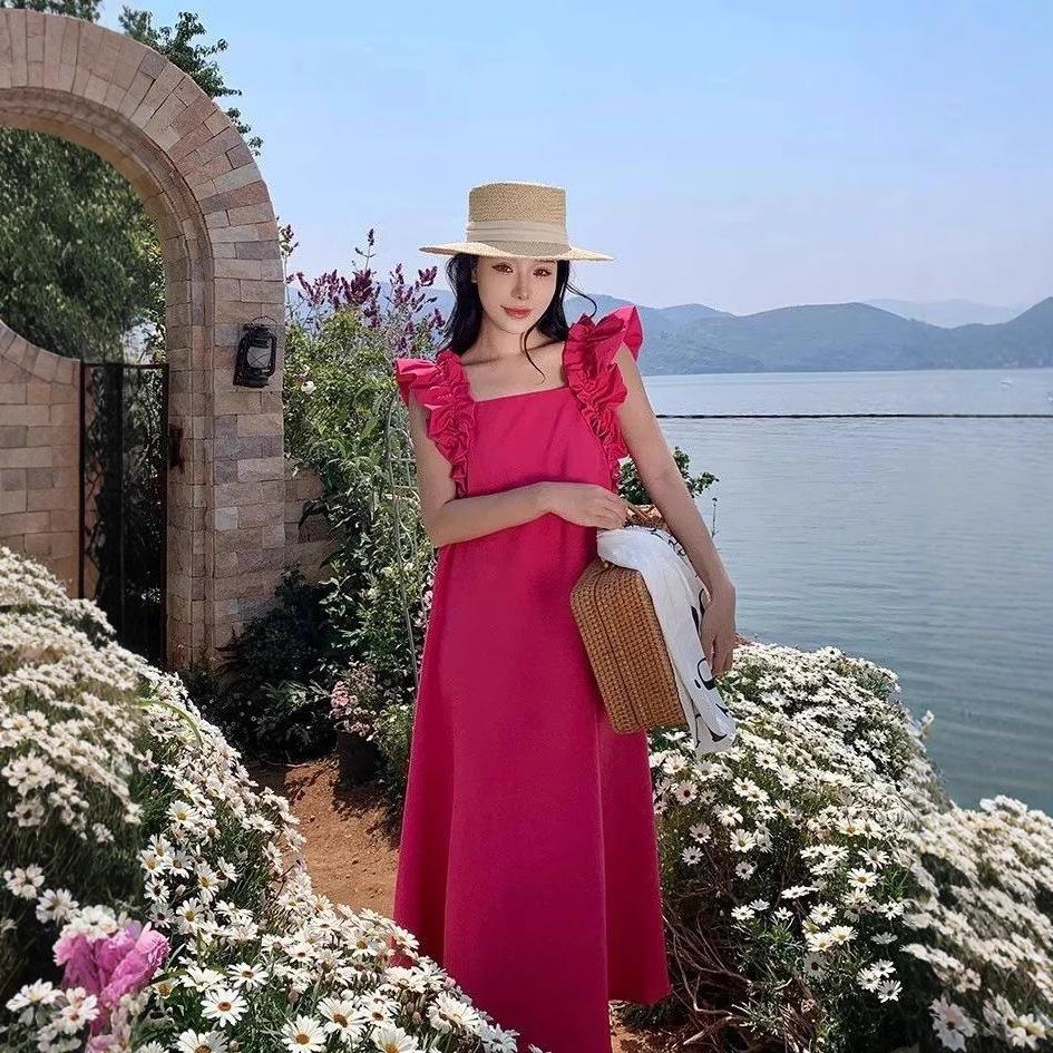 Dopamine Backless Wear with Age-reducing Dress Women's Clothing Summer New Sweet Fungus Edge Square Collar A Word Medium and Long Dress