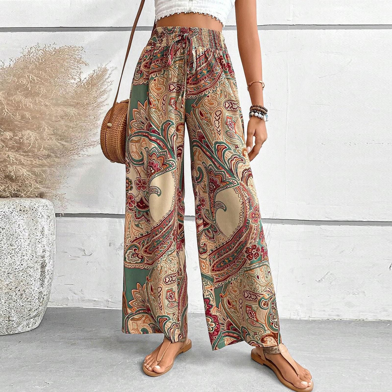 New Women s Fashion Printed Elasticated Mid Waist Comfortable Casual Loose Trousers M хаки