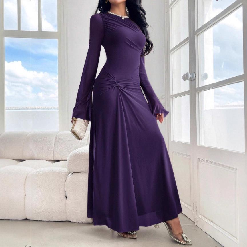 2026 European Chic Trumpet Sleeve Slim Fit Elastic Wrinkled Dress