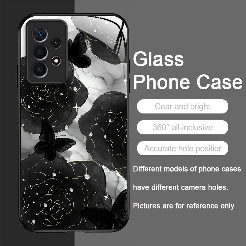 Luxury Black Rose Flower Graphic Tempered Glass Phone Case for Samsung Galaxy S25 Ultra S24 S23 Plus S22 S21 S20FE A56 A55 Cover