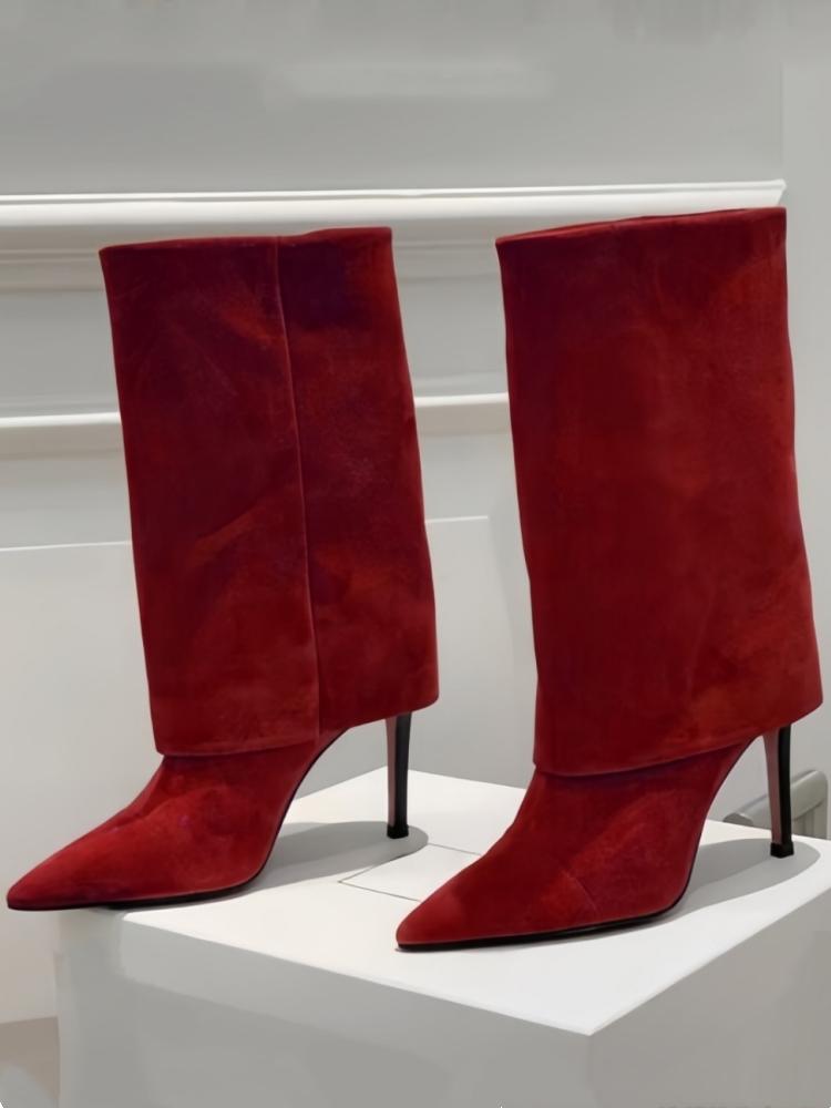 EU/US Suede Mid-Calf Boots - Pointed Toe Stiletto Heels Solid Color Over Pants Boots for Women Office Chic Winter Footwear