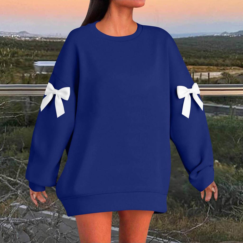 Women's Solid Color Bow Round Neck Long Sleeved Loose Pullover Sweater Sweatshirt