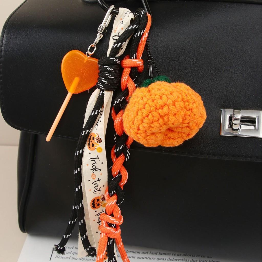 Halloween Pumpkin Leather Doublesided Keychain With Wooden Bead Chain For Bags And Accessories