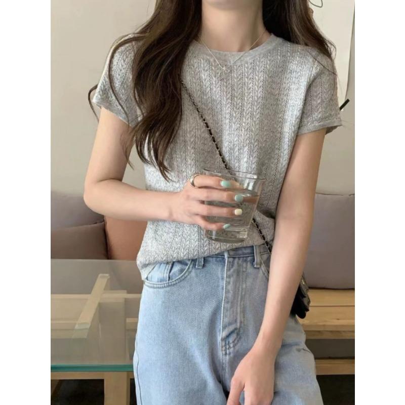 

Женская вязаная футболка-топ универсальный круглый вырез ажурный дизайн женская одежда S серый