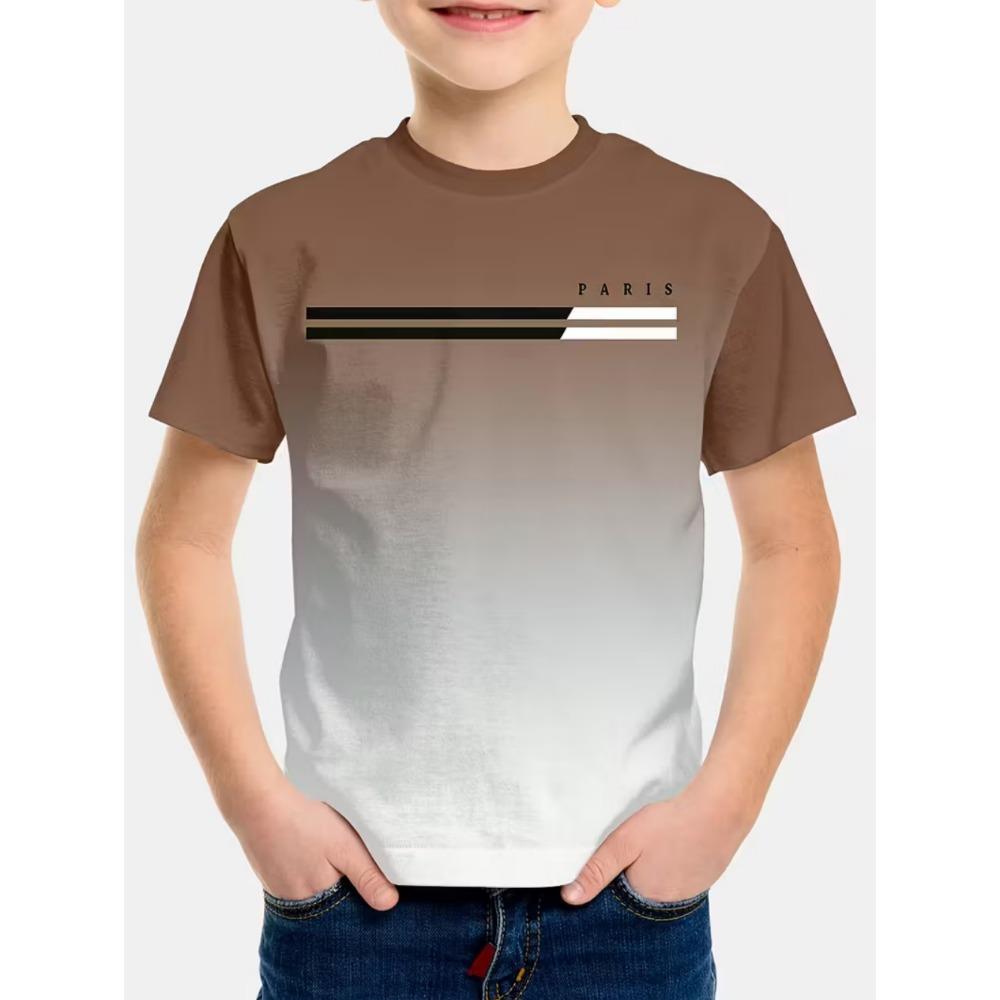 T-shirt da ragazzo Semplice Stampa Lettere Parigi Estiva Manica Corta Magliette Ampie Moda Girocollo Righe Streetwear Abbigliamento Bambini