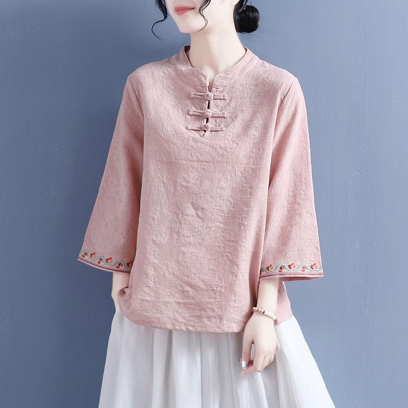 

Женская рубашка в стиле ретро с вышивкой и застежкой на пуговицы-лягушки, топ с рукавом 3/4 2XL (145-160 lbs) розовый