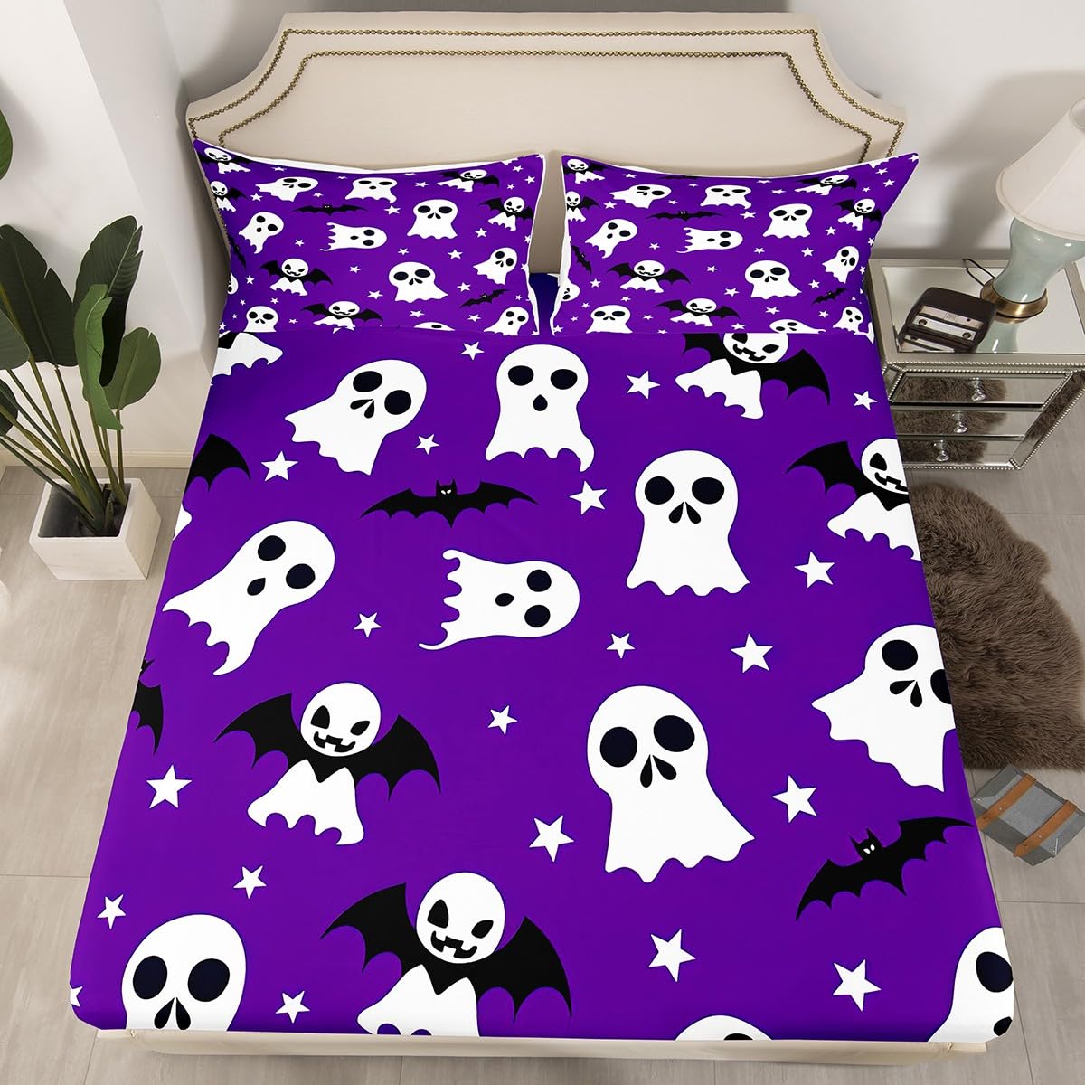 

Gothic Spooky Bedding Set Pumpkin Lantern Cute Halloween Bed Sheets for Kids Boys Teens,Ghost Spiderwebs Fitted Sheet Black Cat Cobwebs Bats 155x200cm