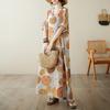 Real shot summer V-neck cotton and linen large size loose literary holiday wind beach skirt retro long robe woman