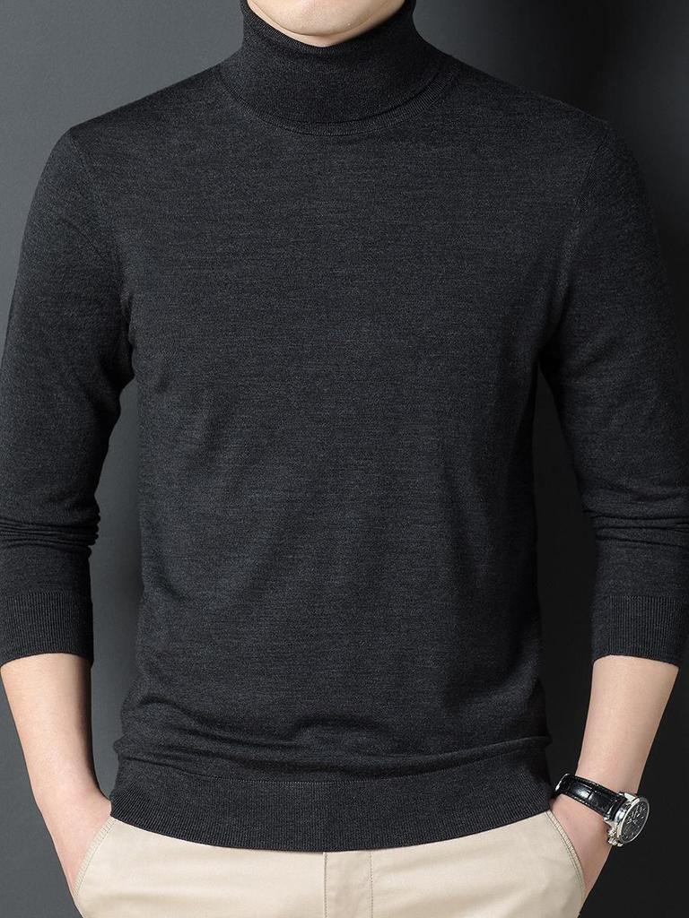 Men's Machine Washable Merino Wool High Neck Sweater, Solid Color, Double Folded Collar, Knitwear for Middle-Aged Dads, Base Layer