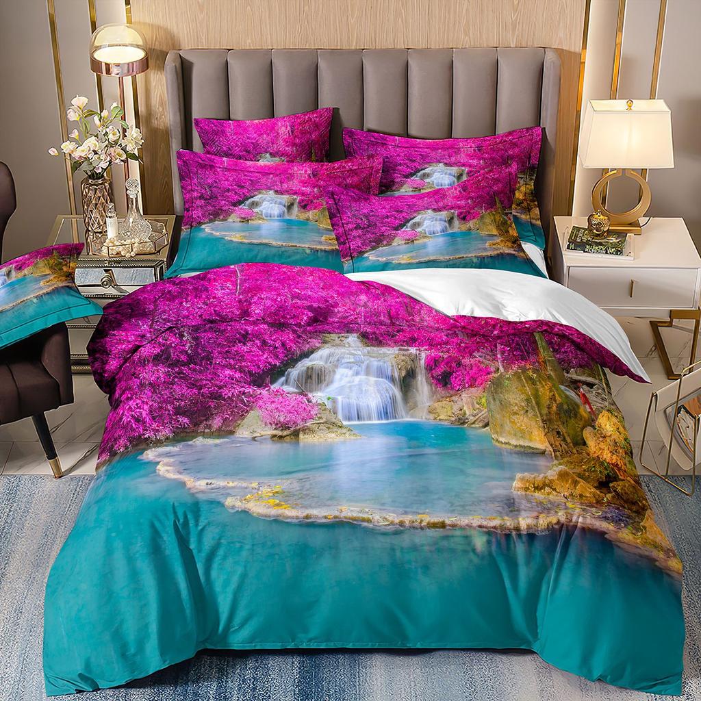Three-Piece Beautiful Landscape 3D Bedding Stream Waterfall Printing Quilt Cover Home Textile Batch