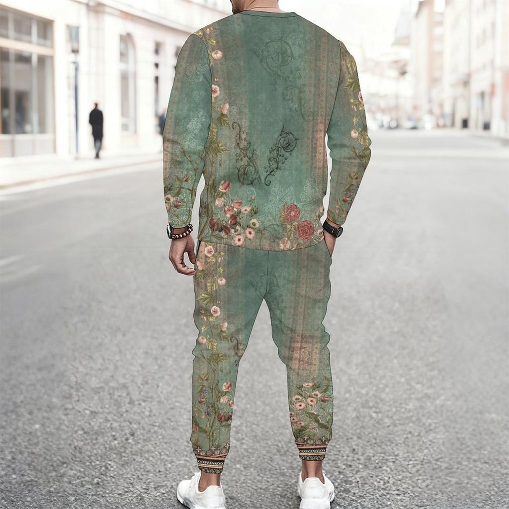 Men Black Cyan Brush Stroke Drip Gradient Print Long Sleeve Sweatshirt Jogger Pants Two Piece Suit