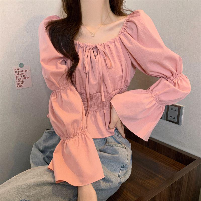 French Puff Sleeve Ruffle Top: Niche Design, Gentle Clavicle Style, Waist-Cinching, Versatile & Elegant
