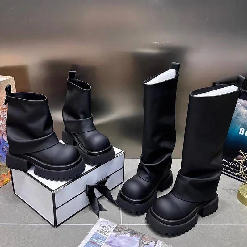 Platform Women Ankle Boots Mid Heels Designer Laether Shoes Fashion Winter Woman 2025 Trend Chelsea Boots Goth Femme Chaussures