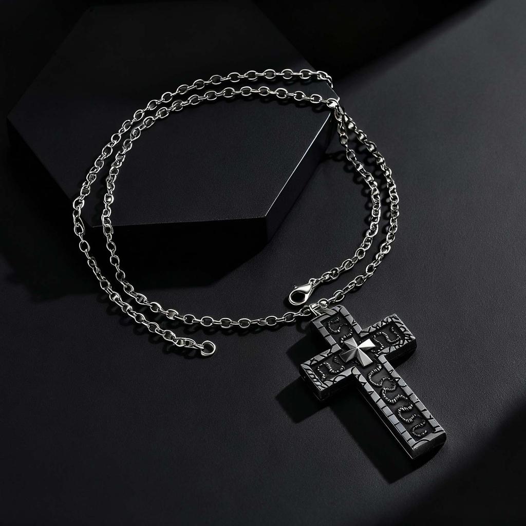 Vintage Secret Compartment Openable Cross Pendant Necklace, Gothic Punk Hip Hop Fashion Pendant Necklace for Men Metal Jewelry