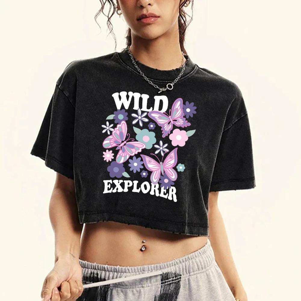 Wild Explorer Flowers Butterfly Prints Women Washed Tee Tops Sport Cotton T-Shirts Short Sleeve Crewneck Crop T Shirt