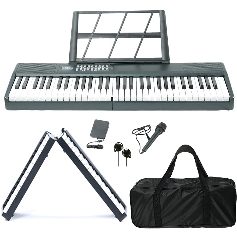 Yumcute 61-Key Folding Electronic Piano with Japanese Language, Rechargeable, 200 Built-in Tones, MIDI Function, Sustain Pedal, Storage Bag, Music