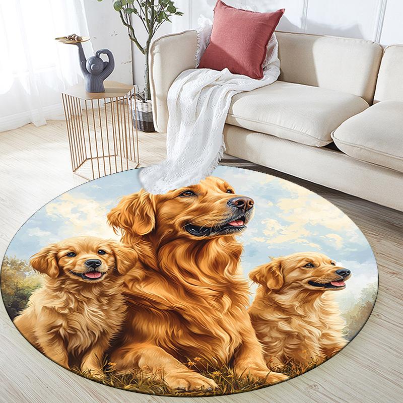 Golden Retriever Round Area Rug,Carpet Rug for Living Room Bedroom Sofa Playroom Decor,Non-slip Floor Mat