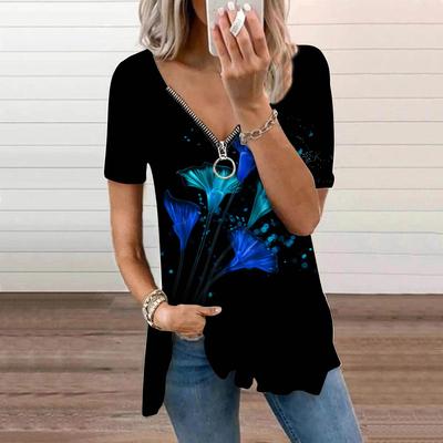 Haut d'été pour femme, nouvelle mode, imprimé tulipe bleue, décontracté, fermeture éclair, col en V, manches courtes