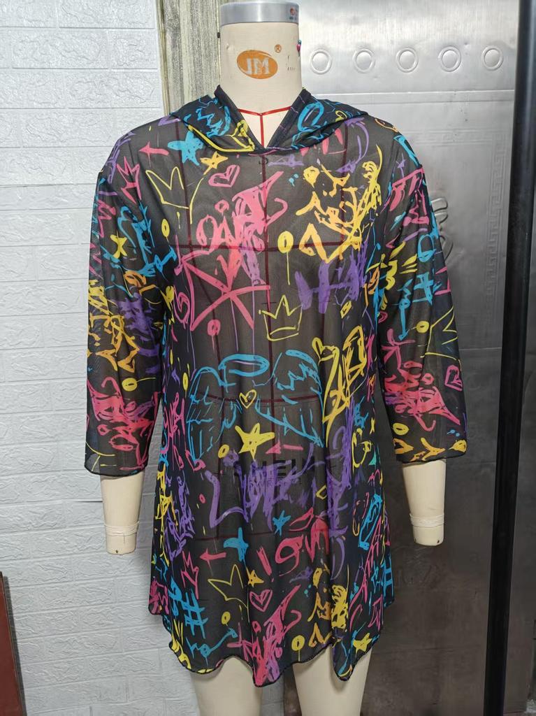 Russian Exclusive Mesh Print Seven-Sleeve Beach Cover-Up Shirt