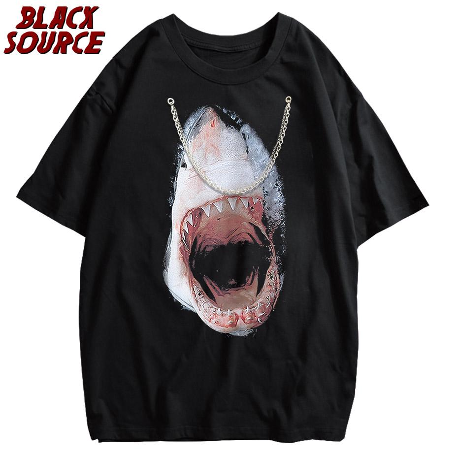

Vintage TShirt Men Summer Shark Graphic Print T Shirt Cotton Oversized Men Washed Retro TShirts Hip Hop Streetwear Tops M