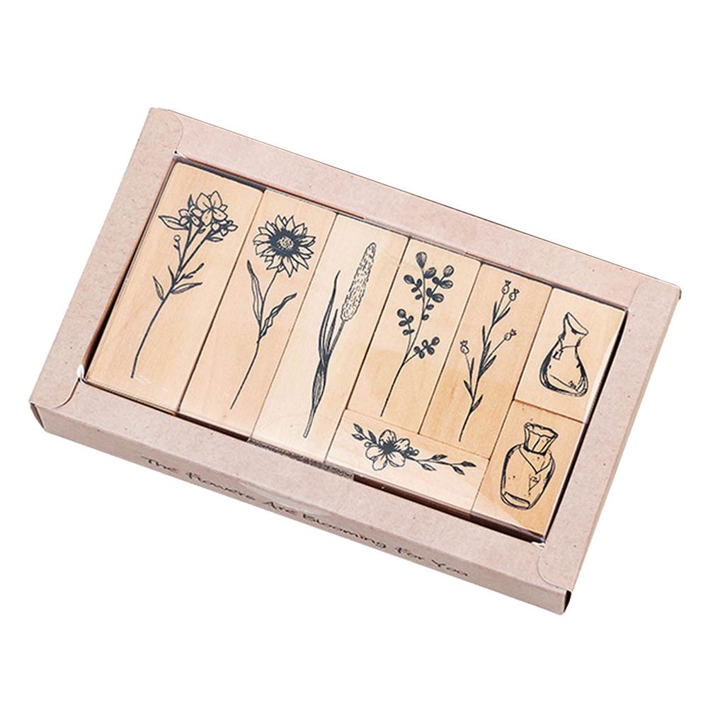 8 Pcs Vintage Decorative Rubber Stamp Plant Flower Pattern Wood Rubber Stamp for Journaling Scrapbooking Diary DIY Craft