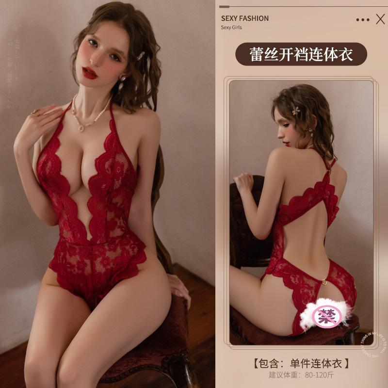 Sexy underwear women's sexy deep v lace perspective beauty back engraved neck empty crotch jumpsuit uniform 8890