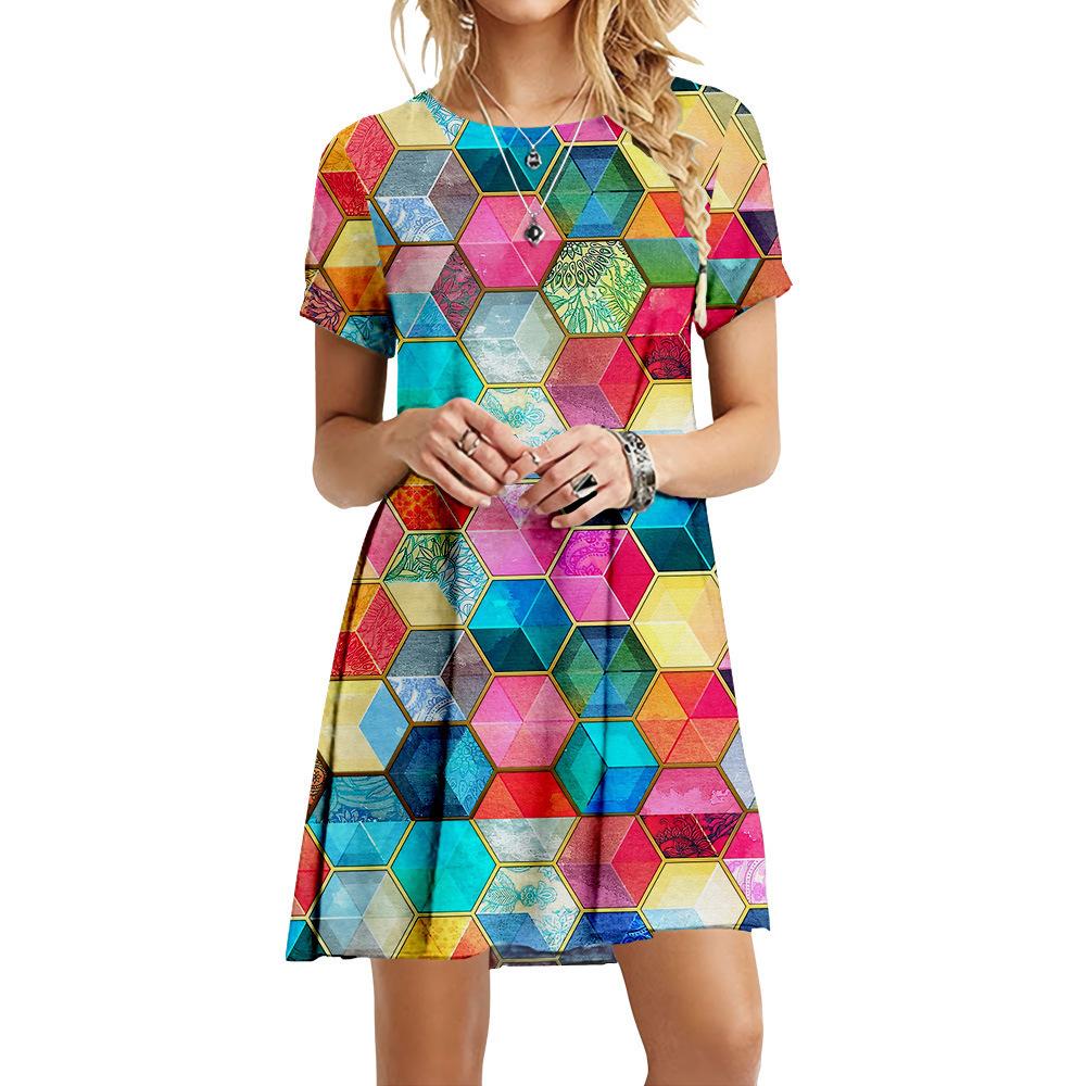S-6XL Übergröße Mode Damen 3D Geometrischer Druck Kleid Lässig Rundhals Kurzarm Kleid Sommer Locker Mini Kurzes Kleid