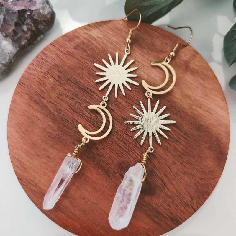 Jun'an Goddess Asymmetrical Electroplated Quartz Sun & Moon Charm Earrings in 18k Gold Bohemian Style