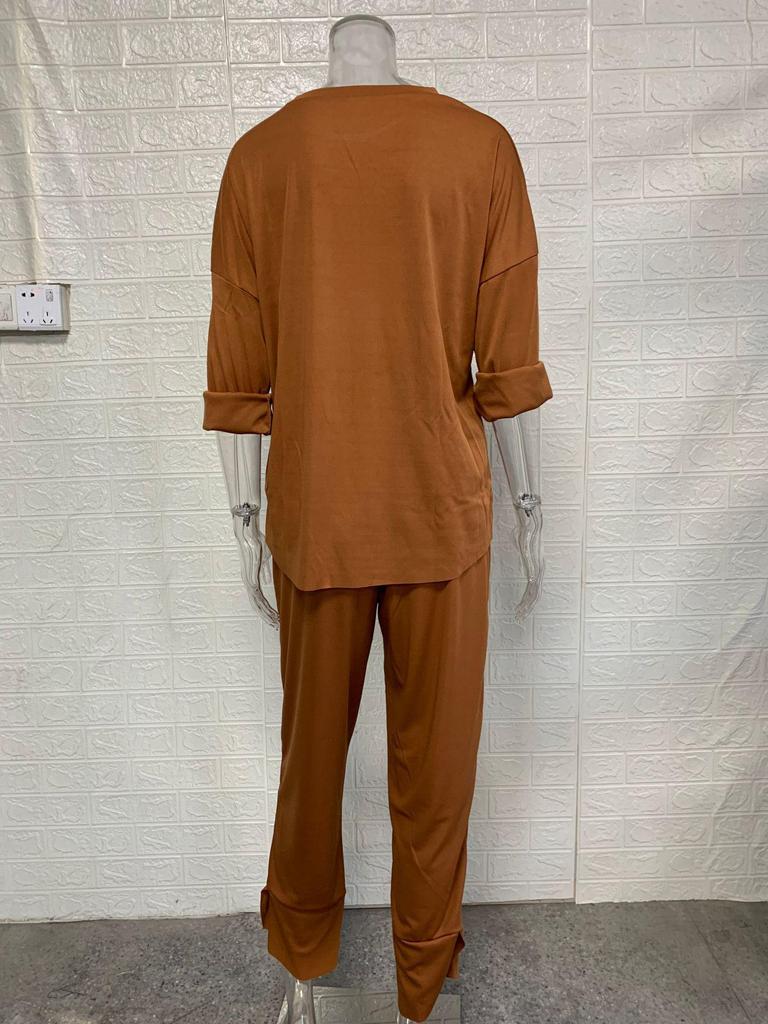 2025 European & American Women's Autumn Two-Piece Set: Casual Loose Solid Color Crew Neck Top & Nine-Point Pants