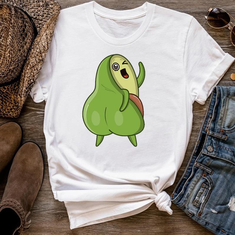 Europäische Größe Damen Print Lustiges Gesicht Frucht Avocado T-Shirt Top Mode T-Shirt Frau Weiblich T-Kleidung Kurzarm Grafik-T-Shirts
