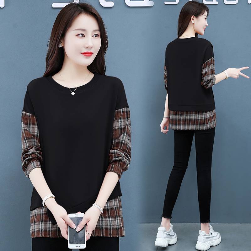 women's Plaid Patchwork Fake Two Piece Sweatshirt Round Neck Long Sleeve Loose Casual Autumn Basic Top