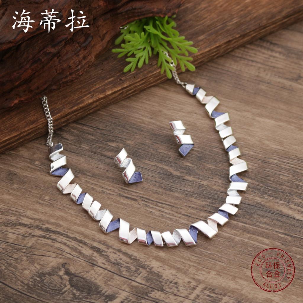 New enamel color spiral geometric line stud earrings necklace set, women's exaggerated geometric stud earrings necklace