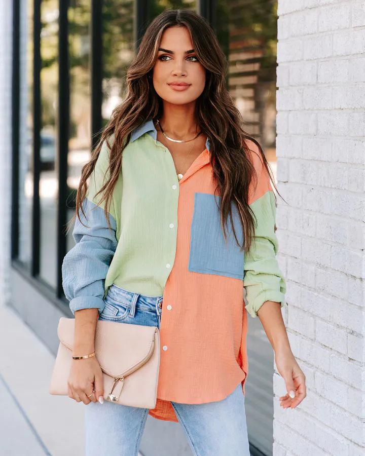 European & American Style Women's Color Block Patchwork Drop Shoulder Long Sleeve Shirt