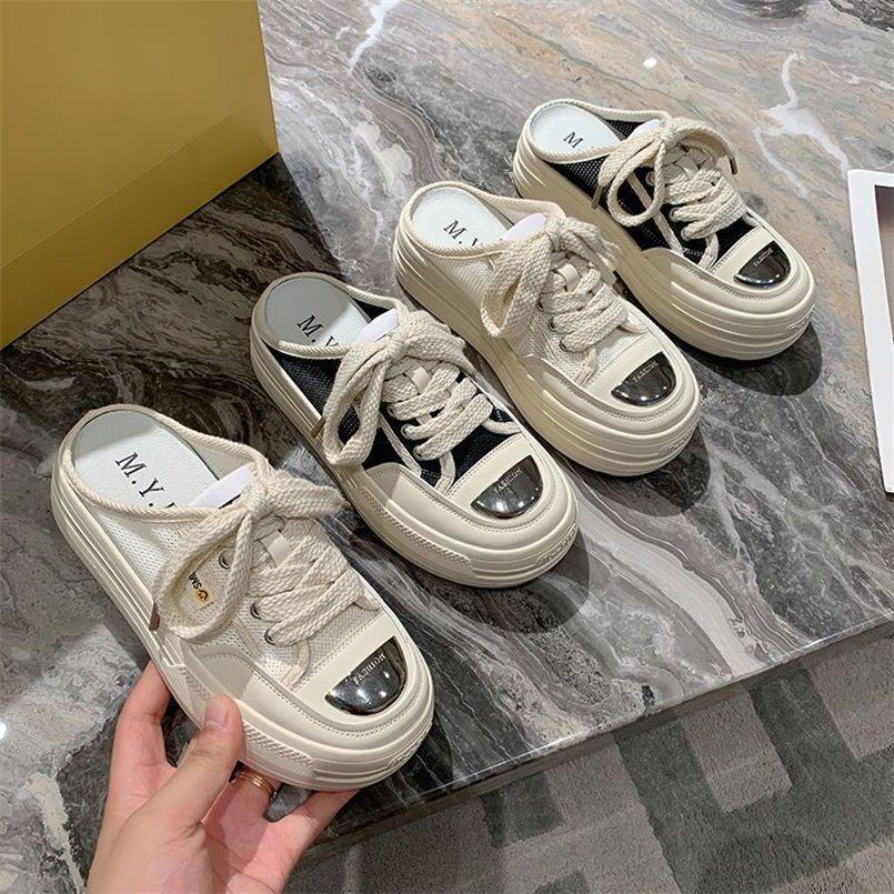 

Thick-soled heightening bag head half slippers women wear new mesh breathable mesh shoes casual cool slippers women in summer 40 бежевий