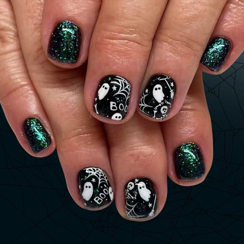 

Halloween False Nail 24PCS Glittering White Skull Festival Fingernail Art Friendly For Party Costume 1