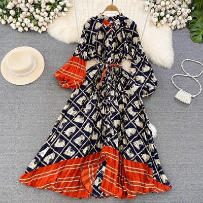 Sukienki Temperament Latarnia Długie rękawy Okrągły dekolt Wąska Jednorzędowa Sukienka Nadrukowana Elegancka Vintage Szykowna Kobieta Sukienki