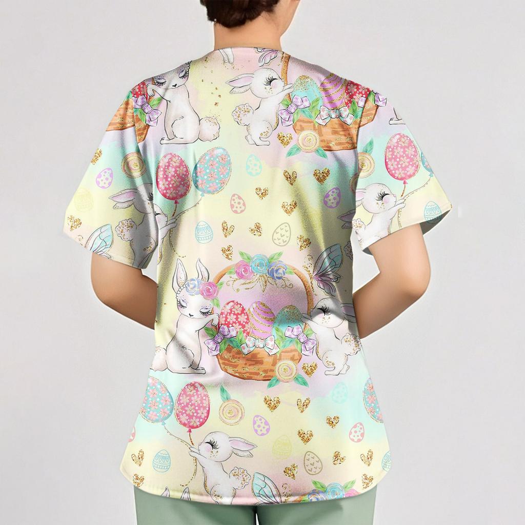 Women's Easter Print Loose V-Neck Pocket Short-Sleeve Caregiver/ Uniform