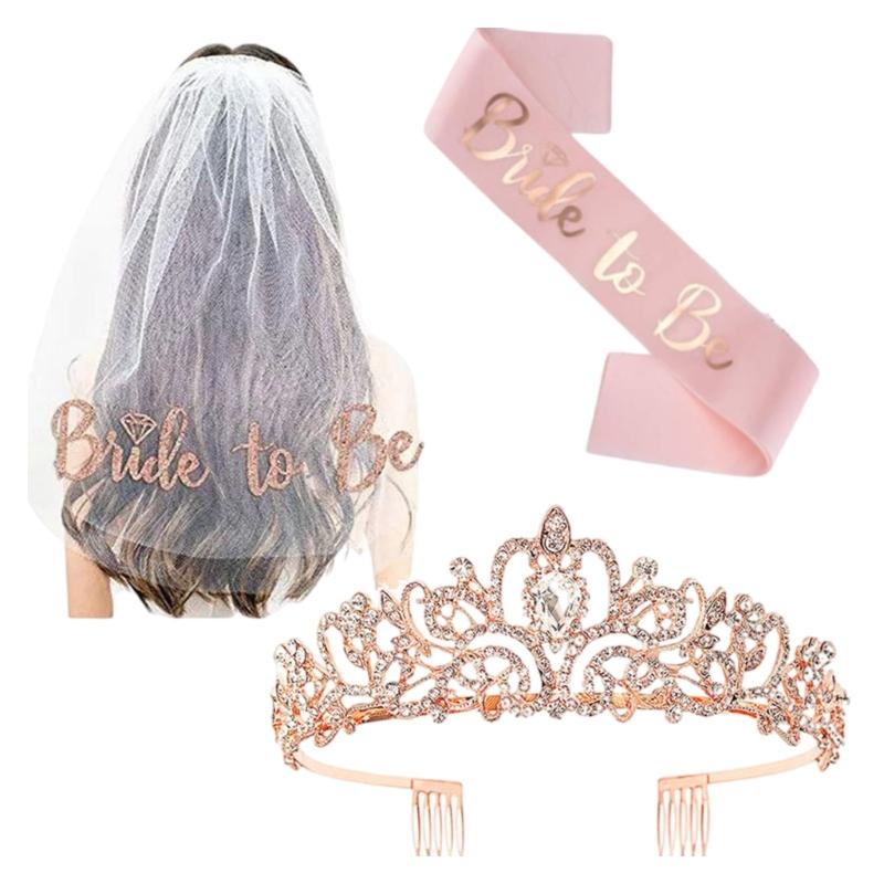 Bridal Veil Sash Crowns Set Handmade Jewelry Accessories for Wedding and Bachelorette Party Bride To Be Decoration