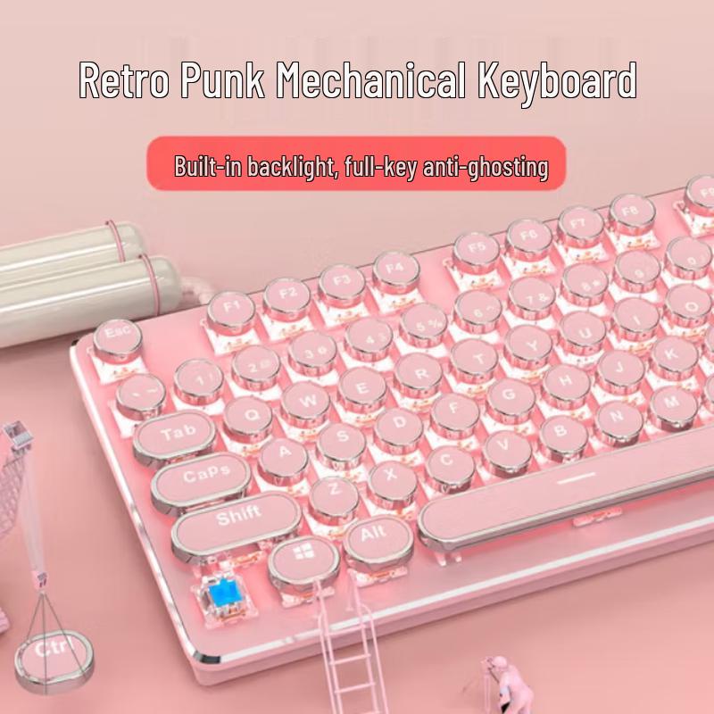 Qianxingzhe 912 Pink Steampunk Kabelgebundene Mechanische Tastatur mit Punk-Tastenkappen
