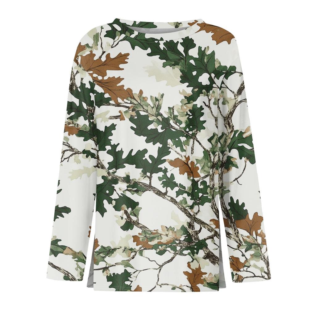 Damenmode Saumschlitz Lässig Totblatt-Print Rundhals Langarm Oberteil